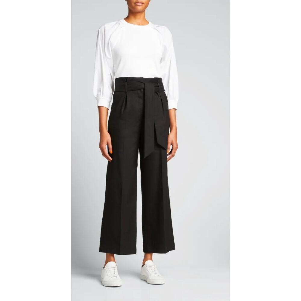 Veronica Beard Elice belted wide leg linen blend black pants 4